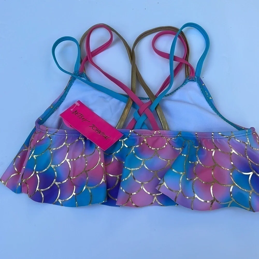 Betsey Johnson Gold Leme Mermaid Bikini Top Sequined Seashell GIRLS XL 14 NEW